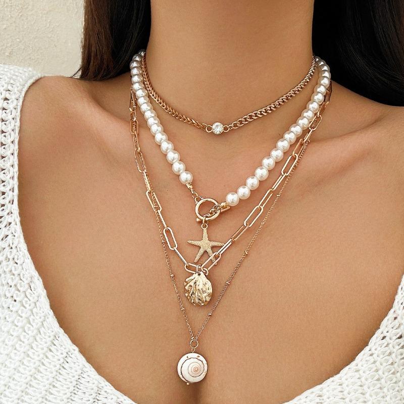 Beaded Necklace Beach Imitation Pearl Necklace Starfish Shell Vintage Resort Necklace