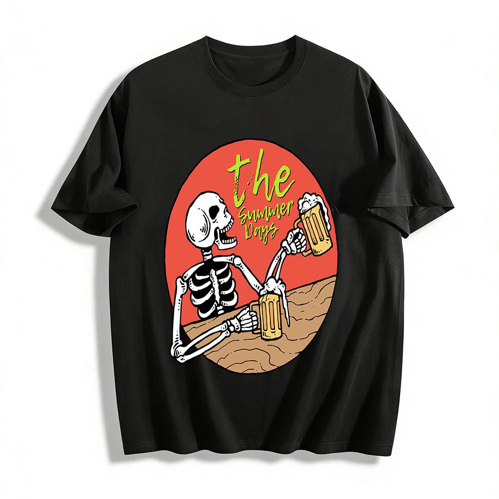 Vintage Skeleton Cheers Beer Print Casual Summer Short Sleeve T-Shirt Pure cotton T-shirt XXS
