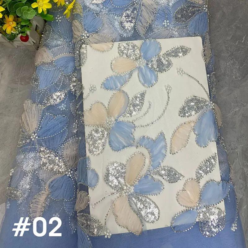 African 3D Beaded Sequins Pearls Embroidered Tulle Fabric Handmade Net Lace Fabric for Bridal Party Dresses DIY Sewing