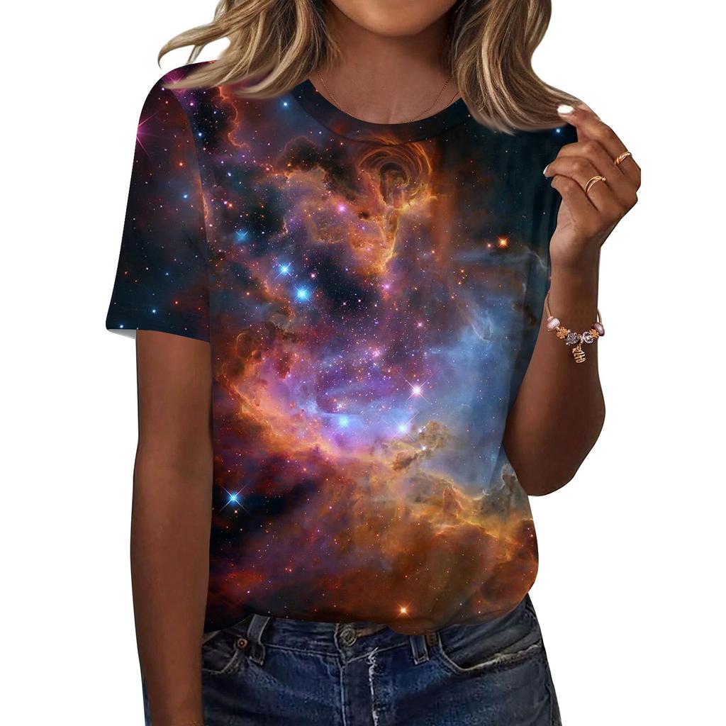 Women's Fashionable Casual Short Sleeve Print Round Neck Pullover Top