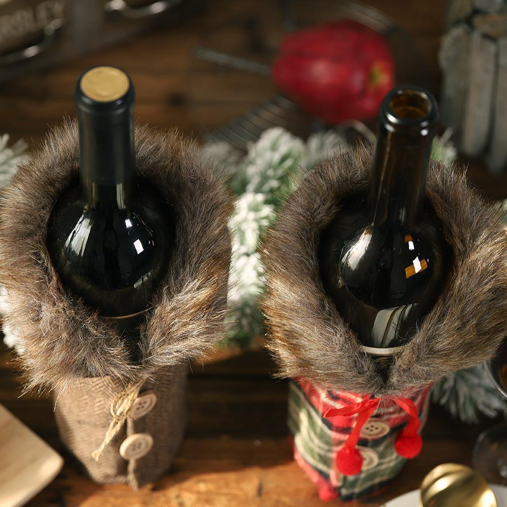 Christmas Table Wine Cover Plush Plaid Clothes Skirt Wine Bottle Cover Home Wine Cabinet Decoration