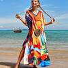 Colorful Printed Boho Beach Kaftan Dress Women Plus Size Maxi Summer Cover Up Rayon Bathing Suit