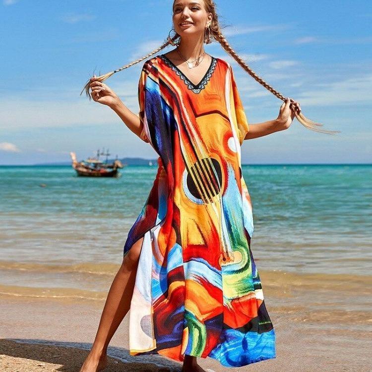 Colorful Printed Boho Beach Kaftan Dress Women Plus Size Maxi Summer Cover Up Rayon Bathing Suit