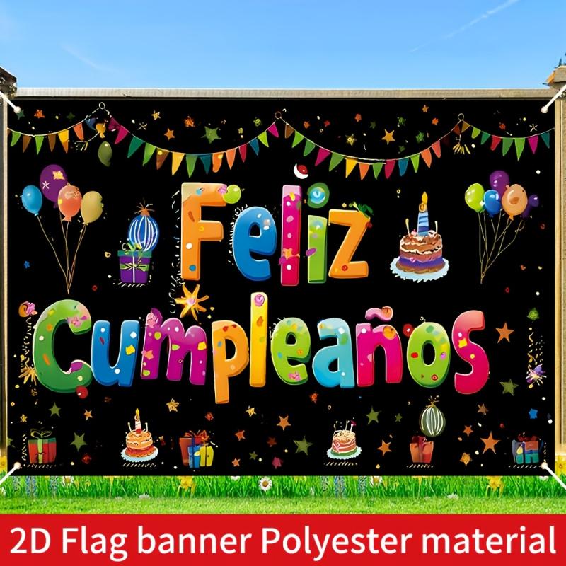 1 Piece, 2D Flat Design, 1 Spanish Birthday Party Backdrop with "Happy Birthday" Text, Indoor/outdoor Room Decoration, Wsj