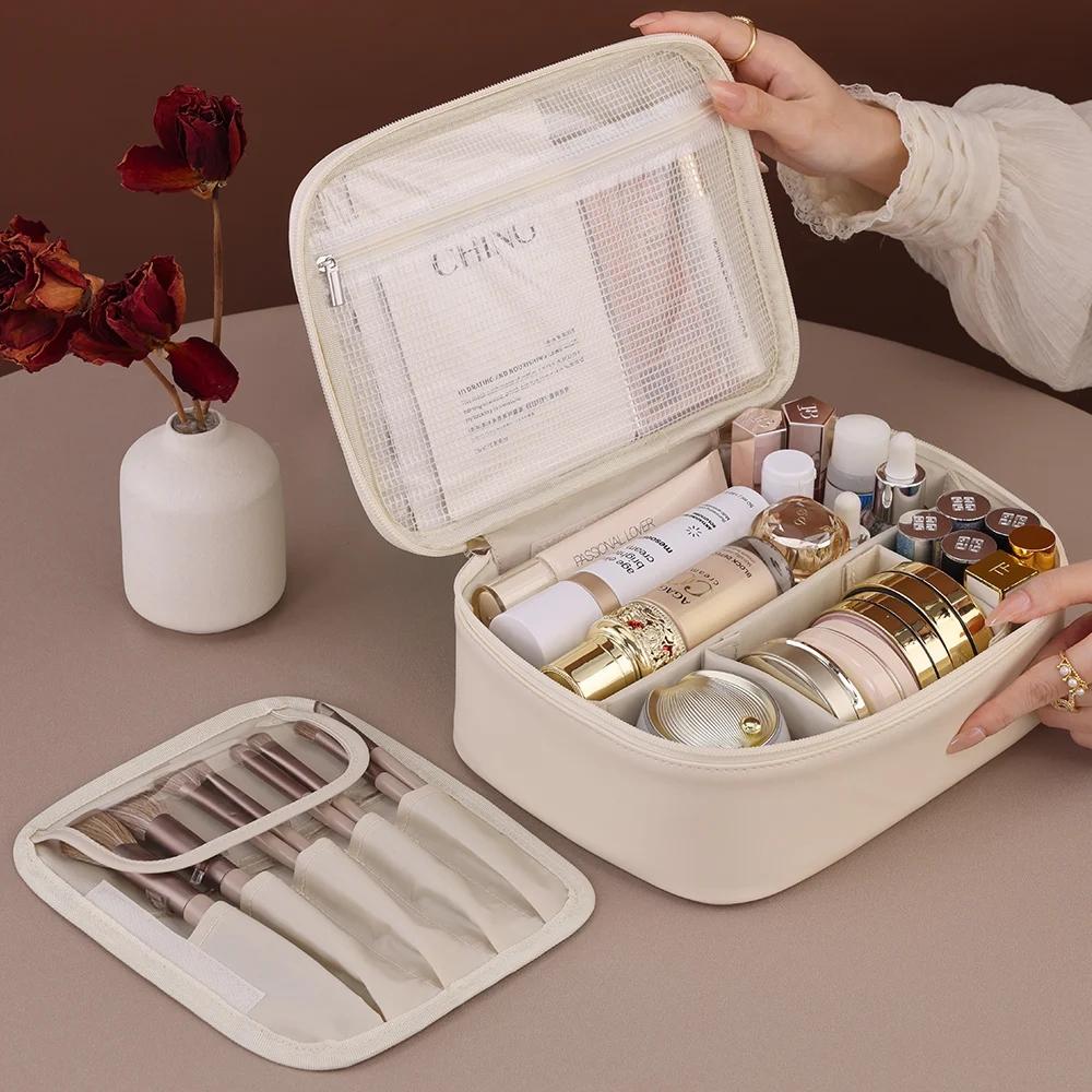 Women PU Leather Double Layer Travel Makeup Wash Clear Cosmetic Bag With Zipper Multi-Compartment Waterproof Toiletry Organizer