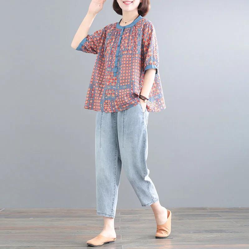 Haut Décontracté Imprimé Ample Réduisant l'Âge d'Été pour Femme Design Col Rond Tops de Navette