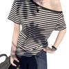 Design Sinn Schräg Schulter Kurzarm Gestreiftes T-Shirt Damen Sommer Neu Locker und Eng Vielseitig Schulterfrei Studenten Oberteil