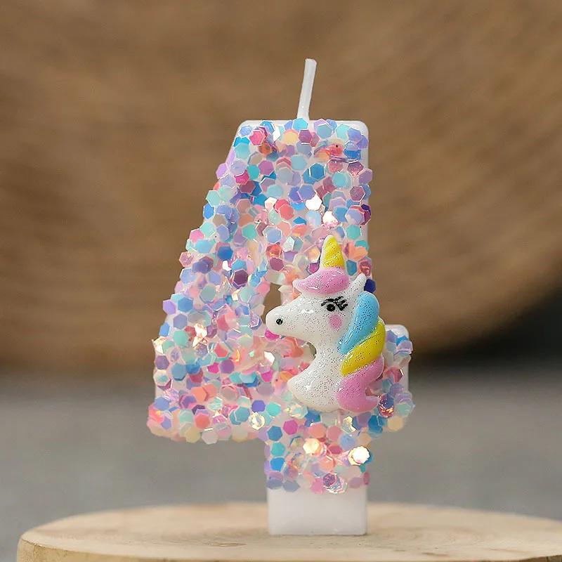 Gradient Pink Unicorn Happy Birthday Candles with 0-9 Number for Cake Decoration Children's Party Favors Cake Toppers DIY