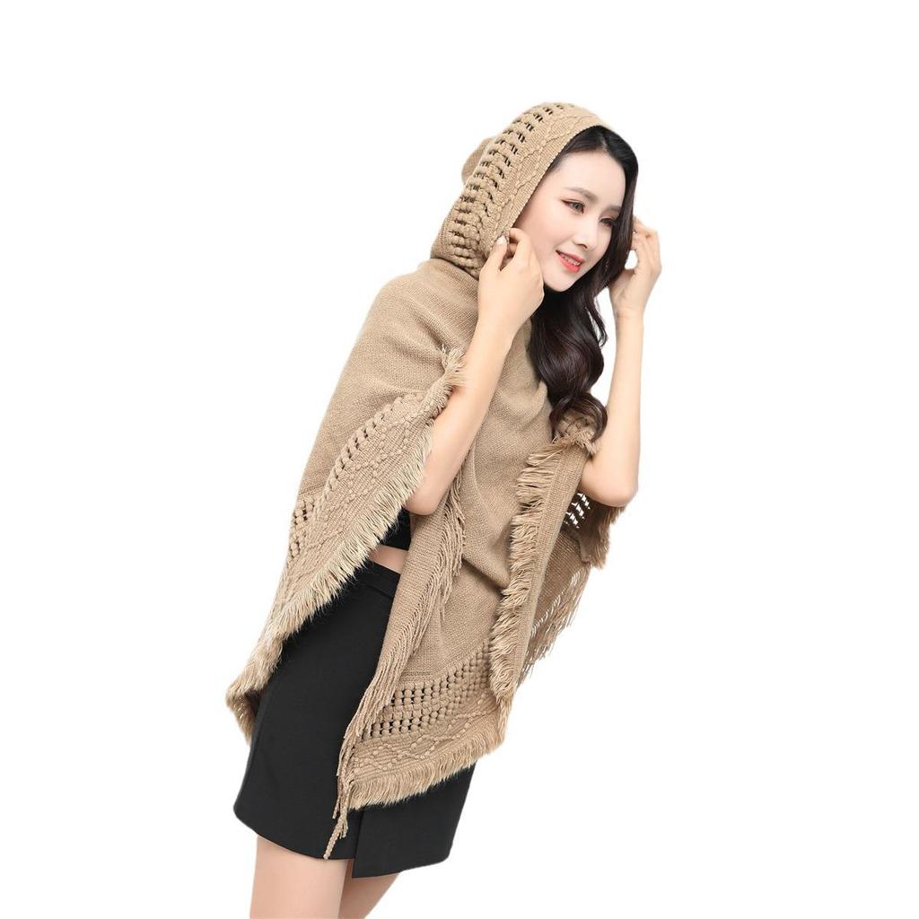 Dámská střapcová šála s kapucí 2023 – velká velikost, jednobarevná, volný střih