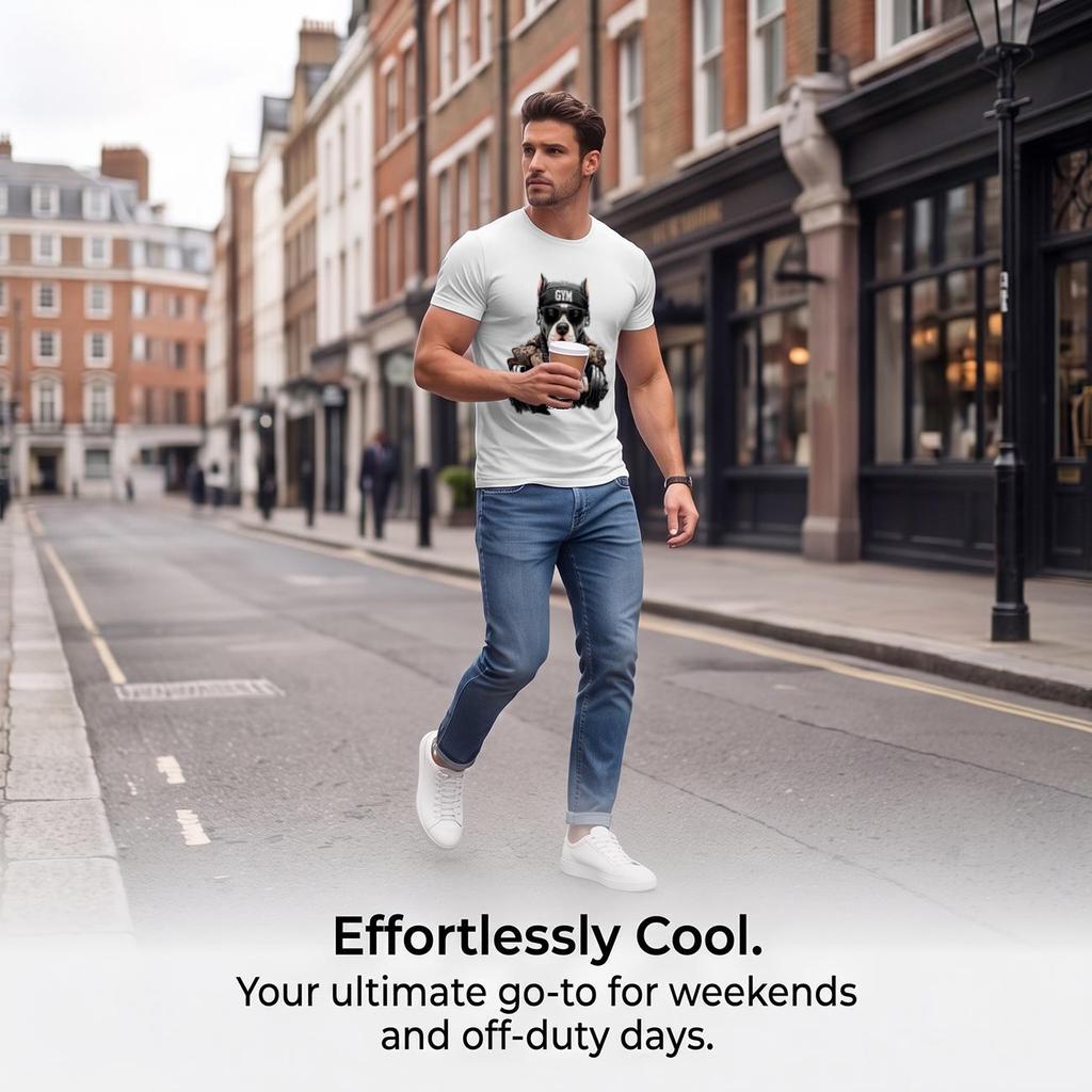 Men's Crew Neck Short Sleeve T-Shirt, Fashion 3D Muscular Tattoo Pitbull Gym Dumbbell Graphic Casual Daily Wear Tee
