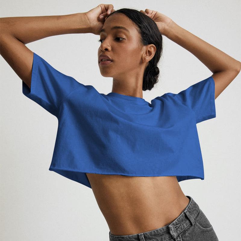 Sportliches Damen-Crop-Top mit Rundhalsausschnitt aus Baumwolle - Sommerstil, Kurze Ärmel, 180g Reine Baumwolle, Hot Girl Trend