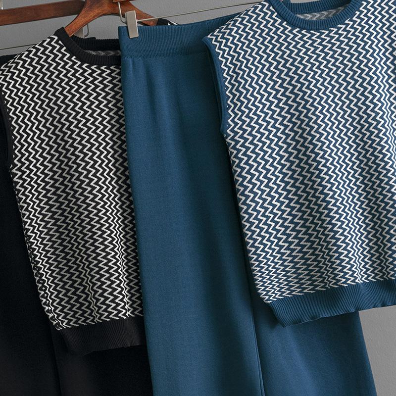 Women's Two Pieces Set Fashion Casual Striped Knit Top Elastic Wide Leg Pant Set Summer Pullover Vest Womens Outfit Set