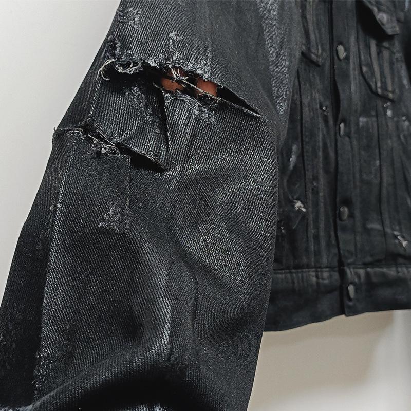 Černá voskovaná roztrhaná džínová bunda ve stylu Hedi Homme