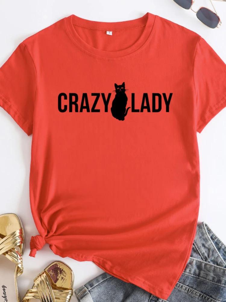 Crazy Lady Cat Print Women T Shirt Short Sleeve O Neck Loose Women Tshirt Ladies Tee Shirt Tops Camisetas Mujer
