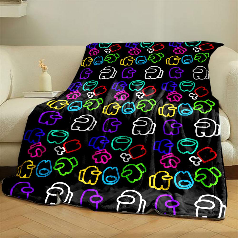 Colorful outlines of crewmates, hats, and bones on a black background. for all seasons blanket lunch break throw gift