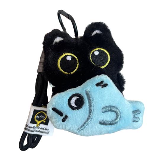 Roztomilý plyšový černý kočičí klíčenka Kreslená kočka držící rybu Kroužek na klíče pro tašku Peněženku Měkké plyšové zvířátko Klíčenka Dárek pro milovníky koček