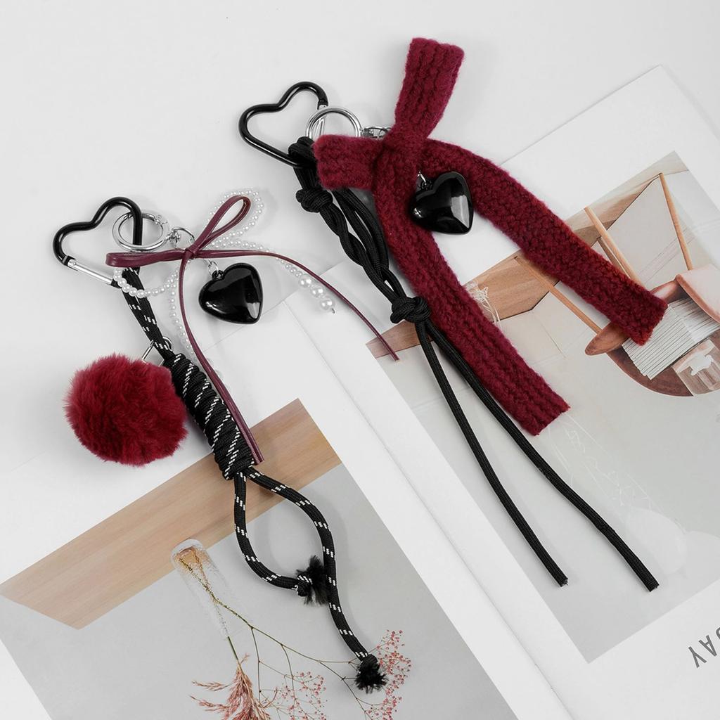 Retro Handmade Knitted Bowknot and Heart Charm Key Holder Bag Pendant Accessories Stylish Car Key Ring for Daily Use