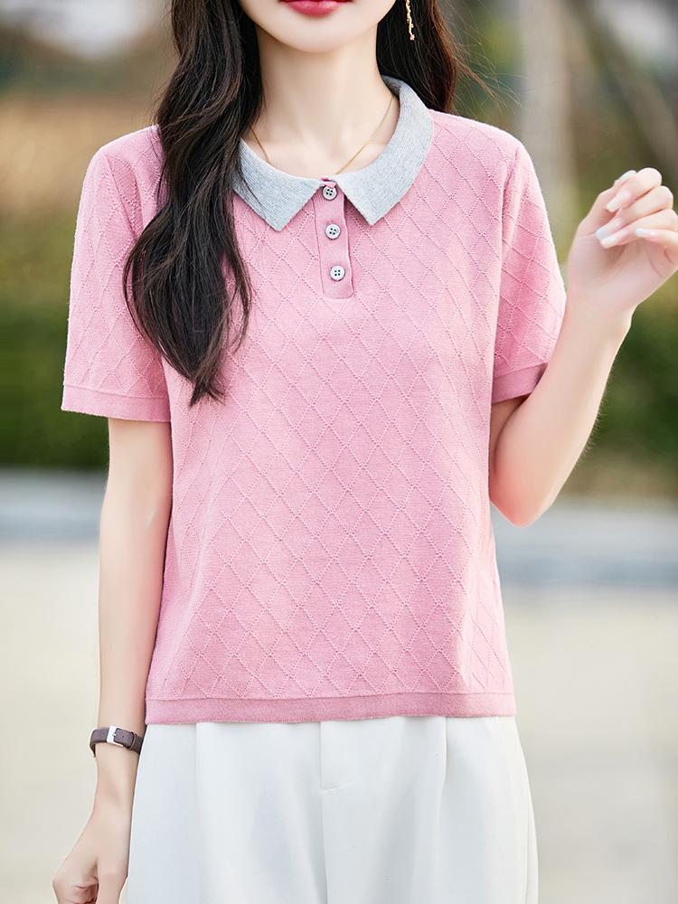Women's Summer Short-Sleeve Cotton Polo with Contrast Collar