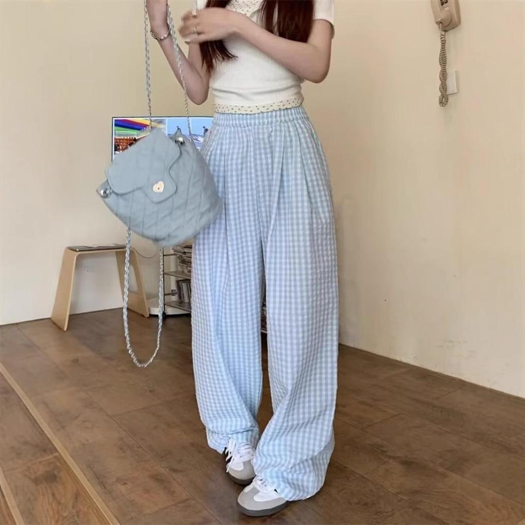 Plaid Colorblock High-Waist Straight-Leg Summer Pants - Women's Trendy and Versatile Floor-Length Design