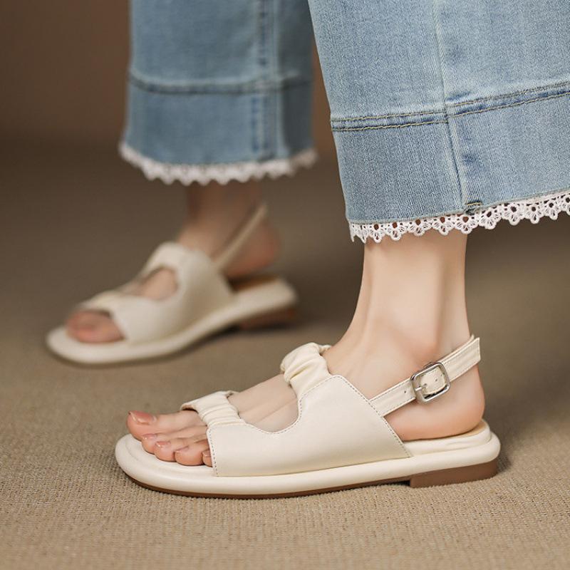 Summer Round Head Wide Strip Sandals Women's Rubber Soft Sole Large Size Shoes Buckle Women's Flat Sandals White Korean Version New