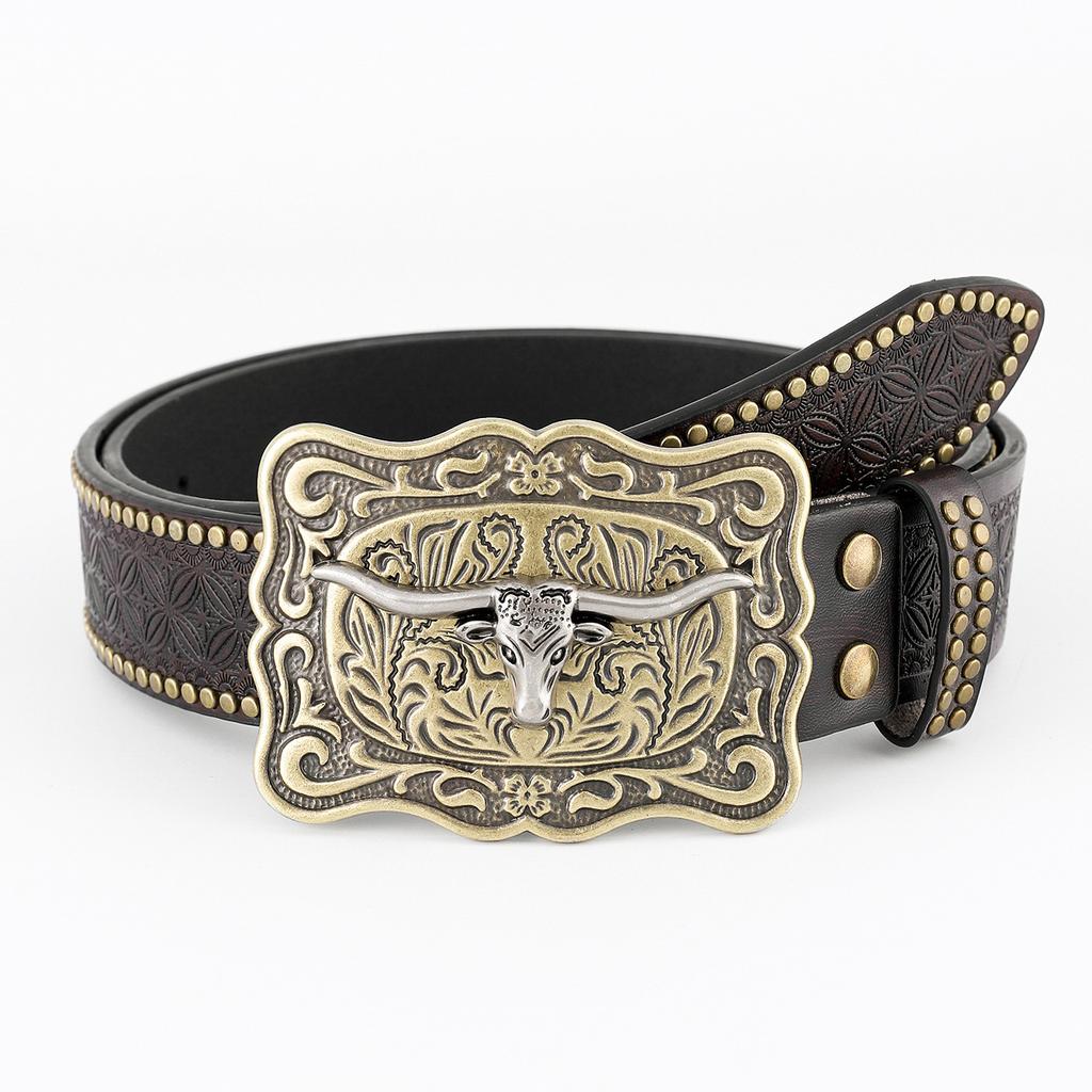 Western Denim Belt Bull Head Big Board Mouth Vintage Retro Men'S Punk Embossed Leather Waist