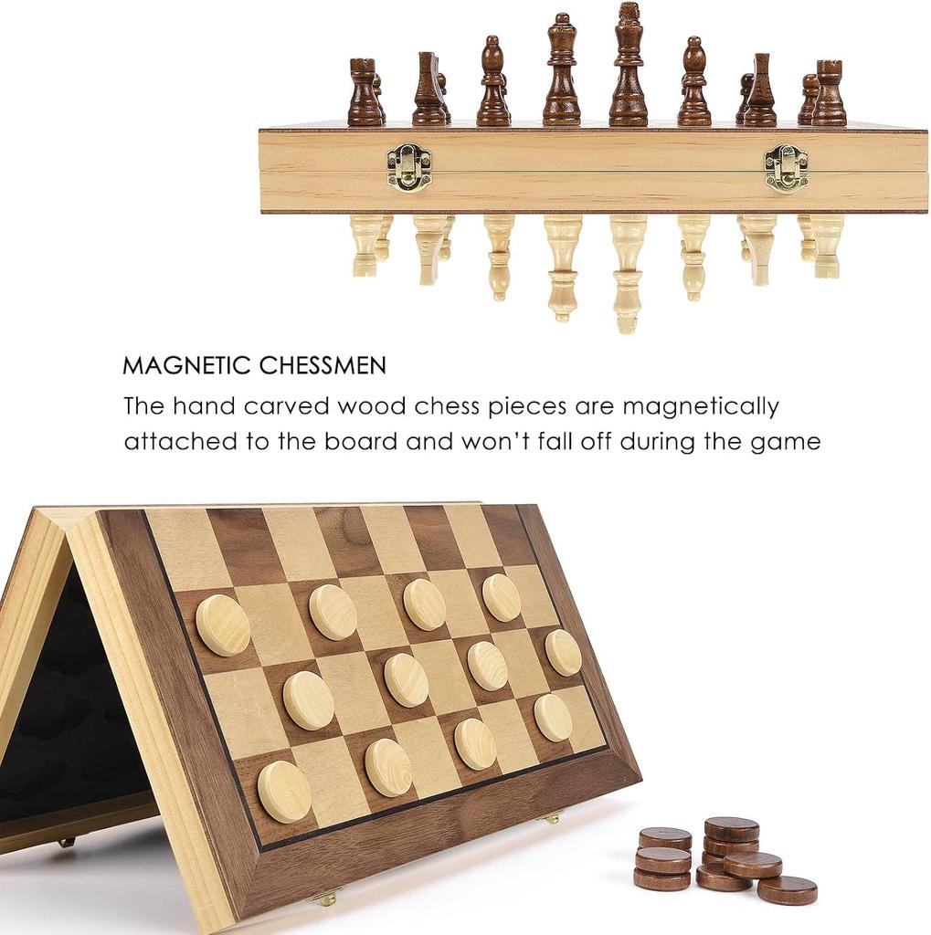 15' Magnetic Wooden Chess & Checkers Set with 2 Extra Queens, 24 Pieces, Storage Slots – 2-in-1 Game for Kids & Adults