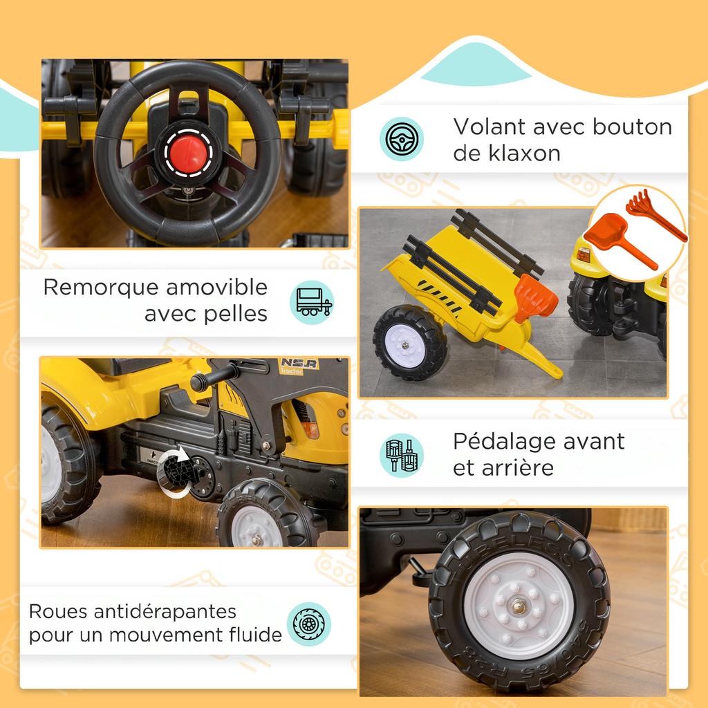 Pedal Backhoe Tractor with Trailer, Shovel and Rake, for Ages 3+, Yellow and Black