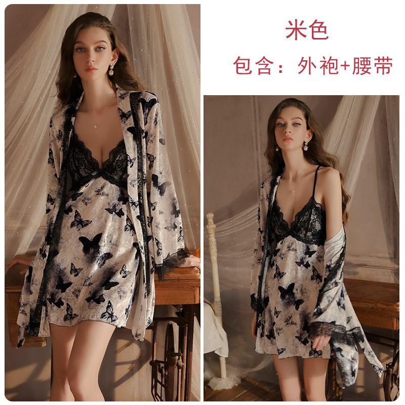 Women's Velvet Lace Butterfly Print Low Cut Push Up Padded Sleep Dress with Robe Set