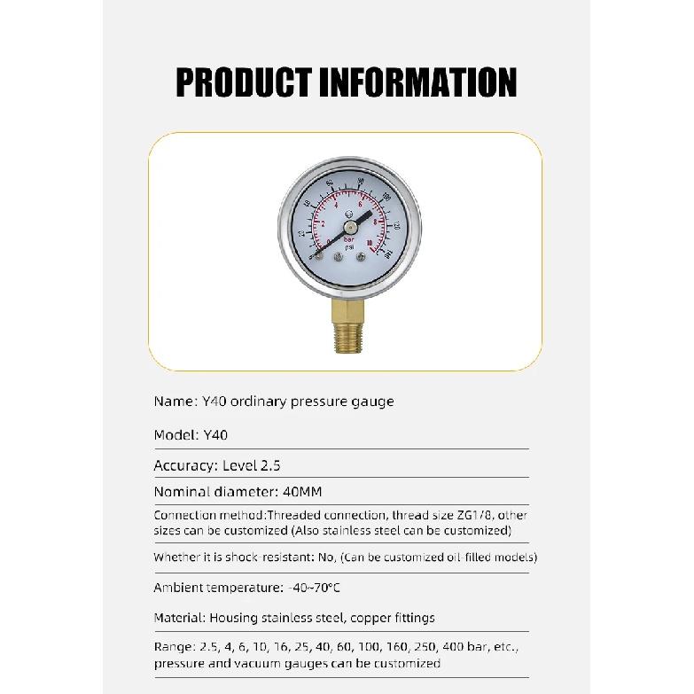 Mairuikesi Glycerin Filled Pressure Gauges manomete 40mm 1/8 Thread Connection Stainless Steel Case hydraulic oil filling meter