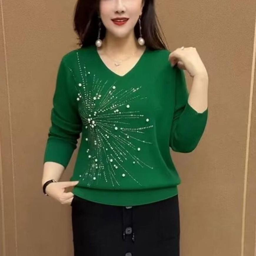 

Женский свитер с V-образным вырезом, осенне-зимний, с бисером, свободного кроя, однотонный пуловер, вязаный топ 2XL