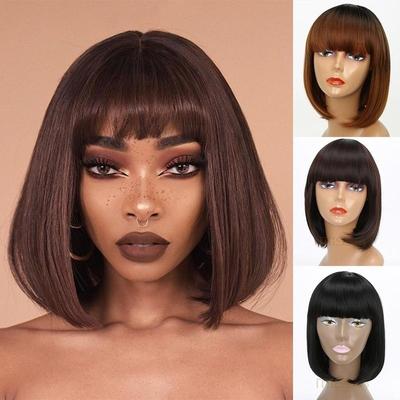 Belle perruque synthétique courte Bob pour femme marron avec frange