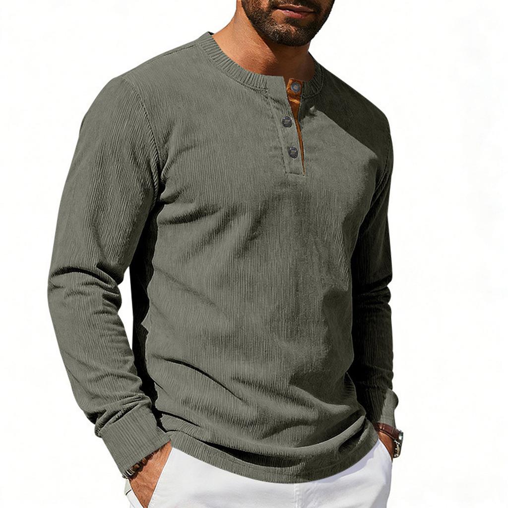 Men's Round Neck Single-Breasted Long-Sleeve Loose Casual Top