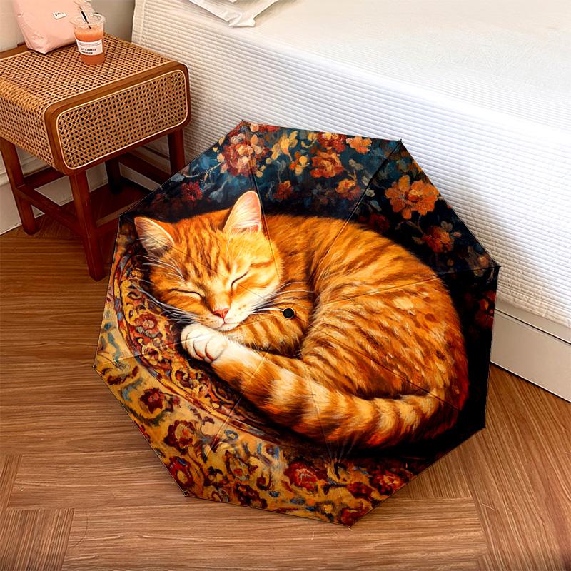 

1 PC Automatic Folding Umbrella - Sleeping Orange Cat Pattern, Portable & Foldable Design with 8 Ribs, Christmas Birthday Gifts