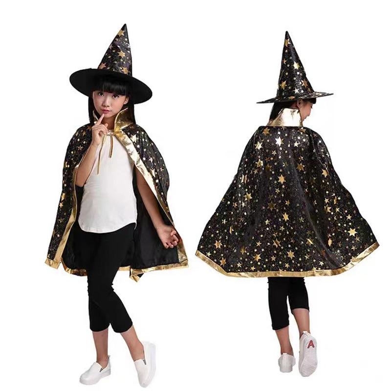 2pcs Halloween Cloak Children's Performance Costume Little Witch Magician Cosplay Five Star Cloak Hat Set Holiday Dress Up