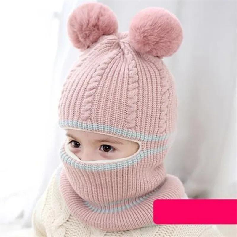 

1-10PCS Baby Winter Hat Pompom Knitted Hat for Girls and Boys Fleece Lined Warm Hat for Kids Baby Girl Boy Winter Headwear 1PC рожевий