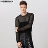 INCERUN Men Long Sleeve Patchwork Mesh Sheer See Through Tops T-shirts Undershirts
