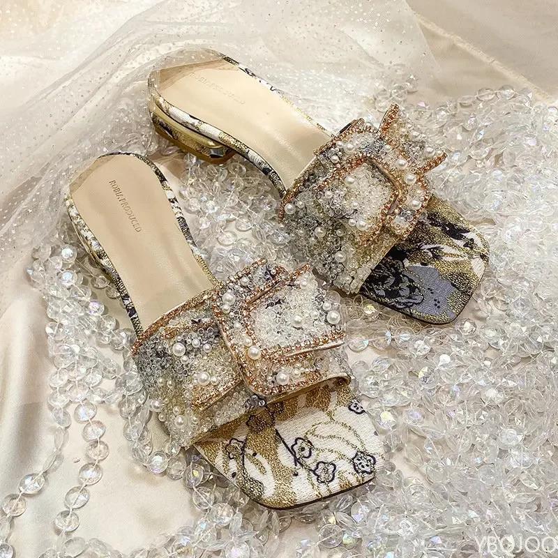Mode Damen Schuhe Hausschuhe für Damen 2024 Neu Luxus Perle Strass Klobiger Absatz Hausschuhe Sommer Damen Schuhe Schmetterlingsknoten Sandalen