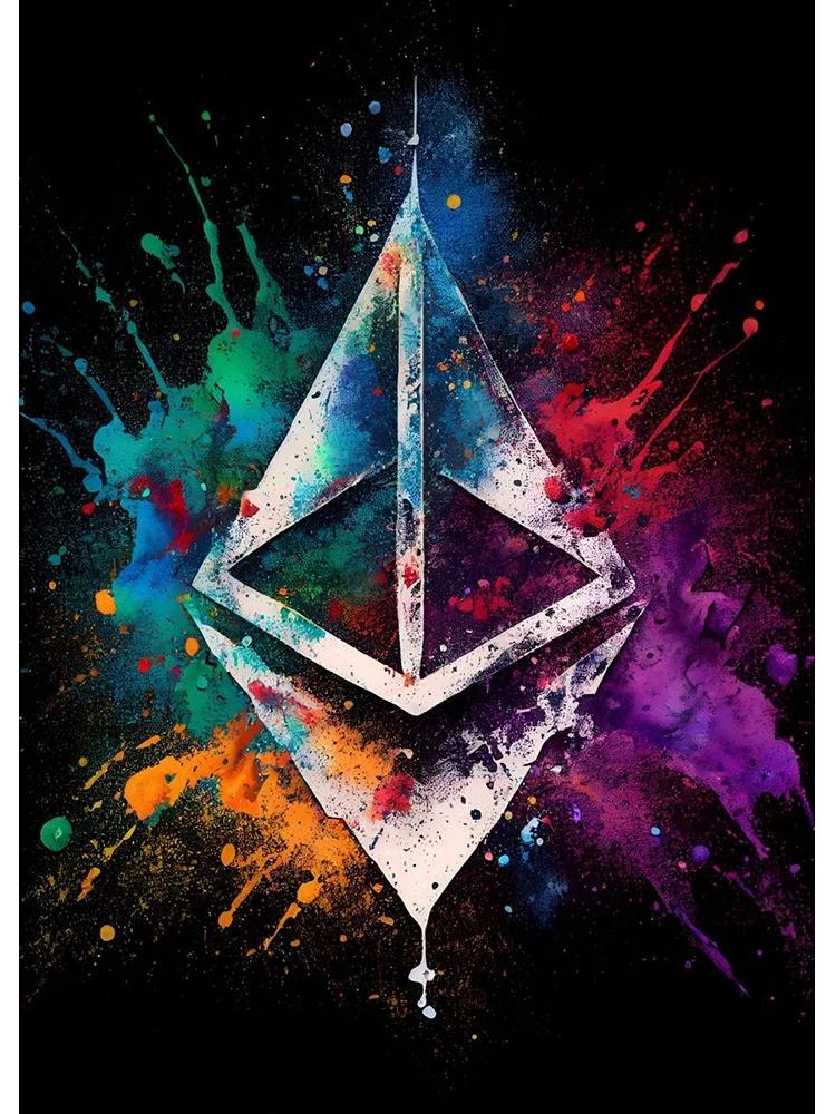 Акварельные крипто-брызги Bitcoin Ethereum Плакат ETH BTC Crypto Virtual Coins Картина на холсте Настенное искусство для домашнего декора комнаты 20x30cm No Framed