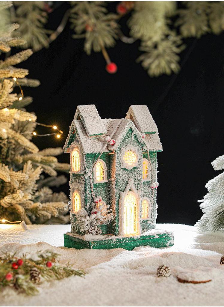 European Retro Solid Wood Luminous Christmas Snow Cabin Ornament
