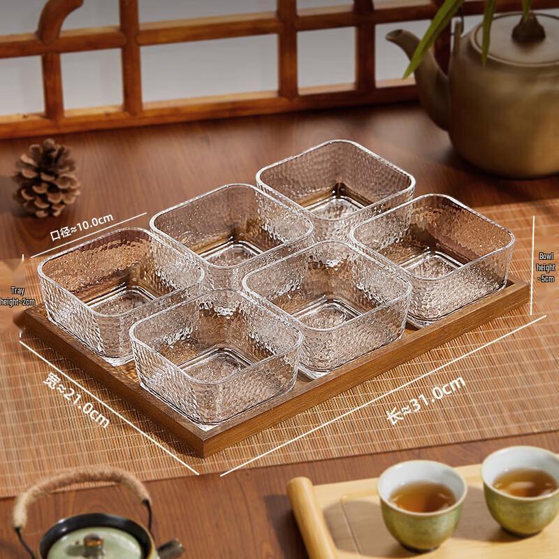 

Retro Hammered Glass Snack Dish Set with Tray