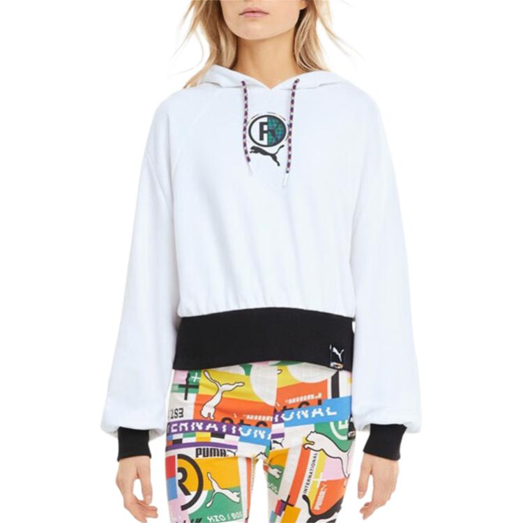 Puma Printed Knit Drawstring Hooded Long Sleeve Cropped Sweatshirt Women Sweatshirt White 531352-02