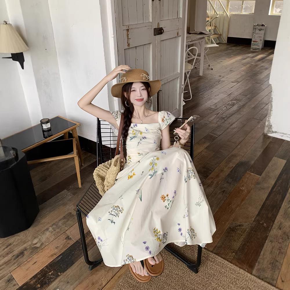 French Floral Square Neck Puff Sleeve Summer Dress for Women - 2026 Beach & Tea Party