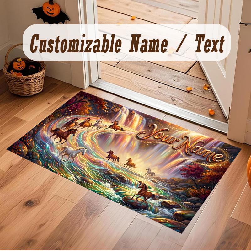 Horse Theme Soft Crystal Velvet Rug Custom Name & Text Print Non Slip Floor Rug for Bedroom Living Room