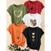 Five-piece set of women's animal heart print short-sleeve shirts Leopard print heart cat butterfly print round neck summer dress T Shirt Suitable for