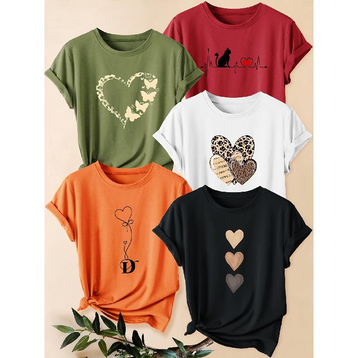 Five-piece set of women's animal heart print short-sleeve shirts Leopard print heart cat butterfly print round neck summer dress T Shirt Suitable for