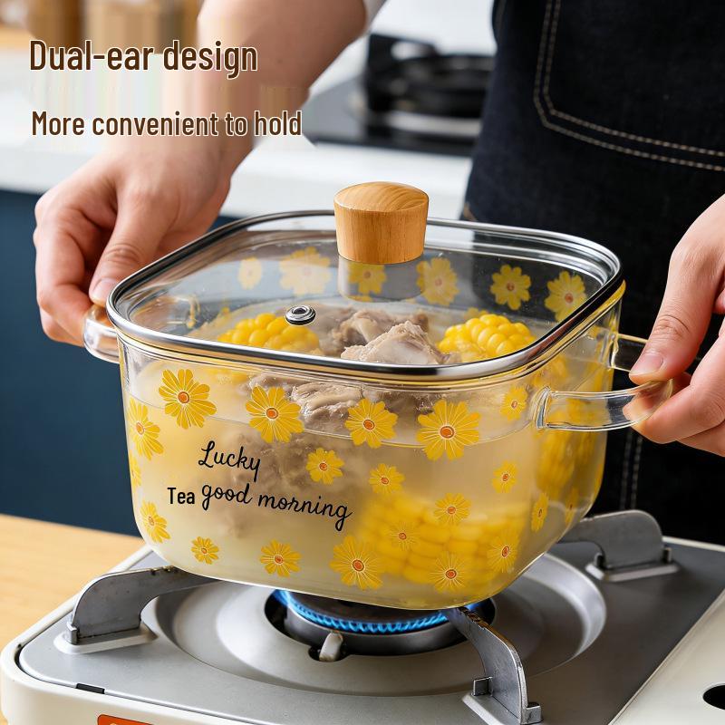 Retro Floral High-Temperature Resistant Borosilicate Glass Stew Pot with Lid, Double Ears, Explosion-Proof Design