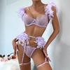 Sexy Metal Chain Lace Feather Lingerie Sets For Women Ultrathin Transparent Erotic Underwear 3 Piece Bra & G-String Garter Sets