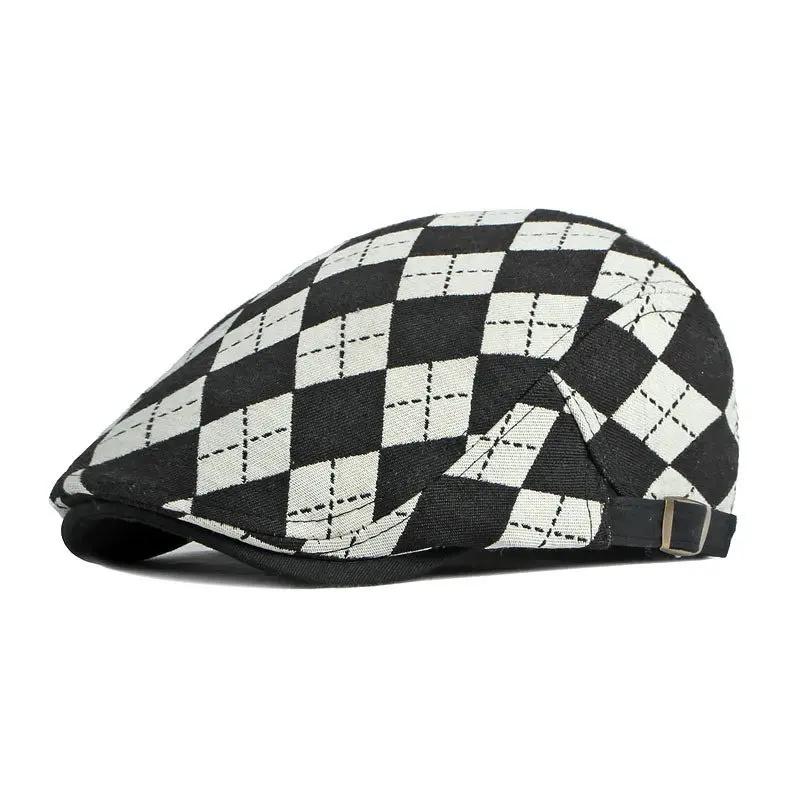 

Spring and Summer Cotton Plaid Print Newsboy Caps Flat Cap Men and Women Painter Beret Hats 116 55-60cm wear чорний