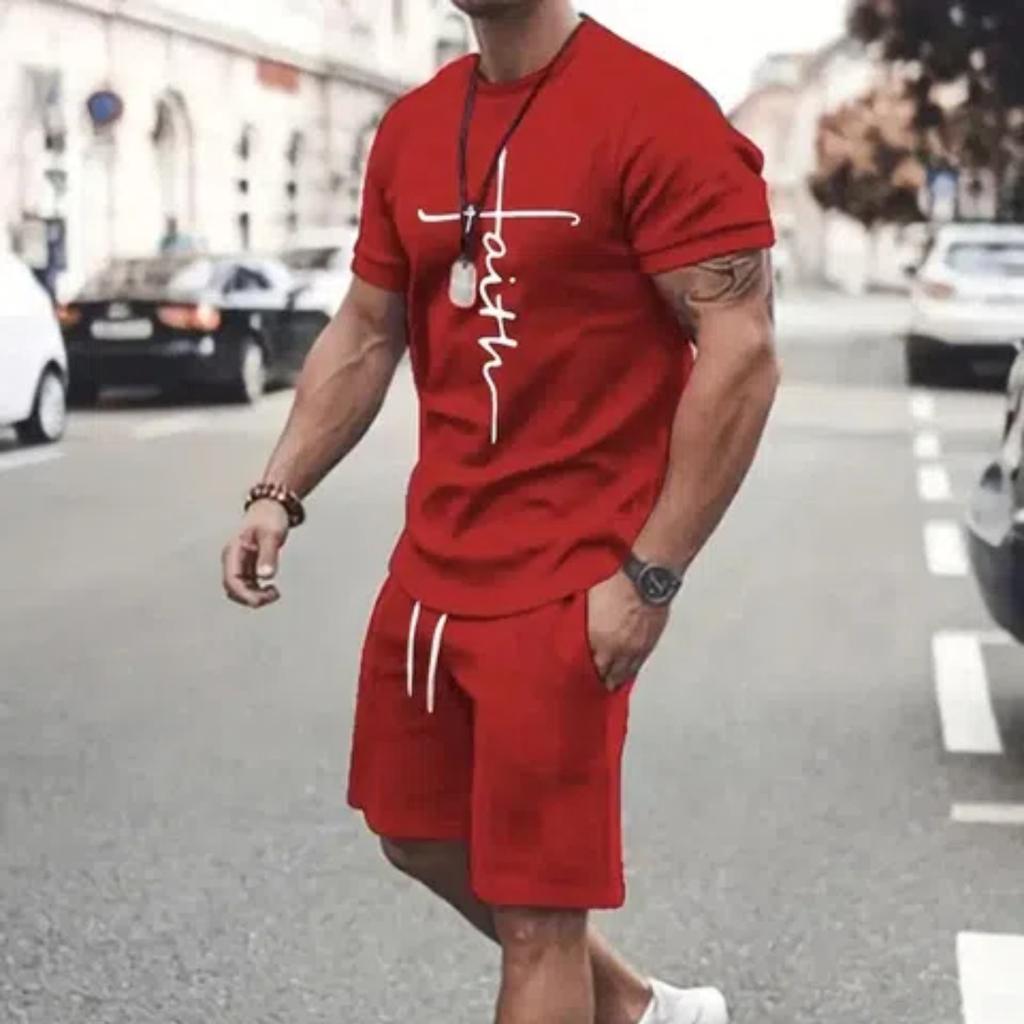 Summer Men's Suit Street Fashion Loose and Comfortable T-Shirt Outdoor Sports Running Fitness Shorts Text Printing