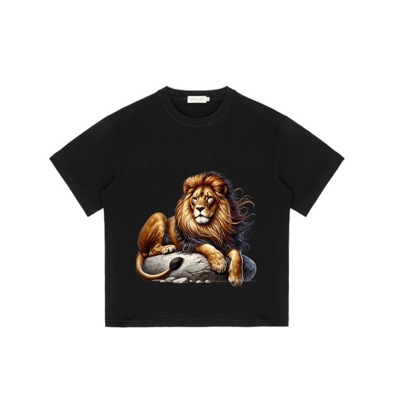 Lion Print T Shirt Black Majestic Lion Resting On Rock Graphic Design Casual Wear for Men and Women Streetwear Fashion Outfit Summer Top